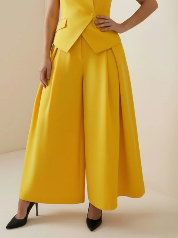 Pantalon large plissé taille haute jaune pour femme Yeezzi 2026, couleur unie, décontracté, pour le bureau, avec fermeture éclair
