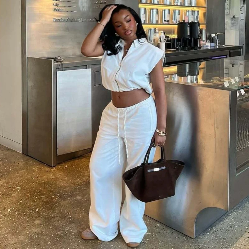 New Trendy African Fashion Chic Women Summer Two Piece Set Elegant Turn Down Collor Vest Top And Wide Leg Pockets Pants Set