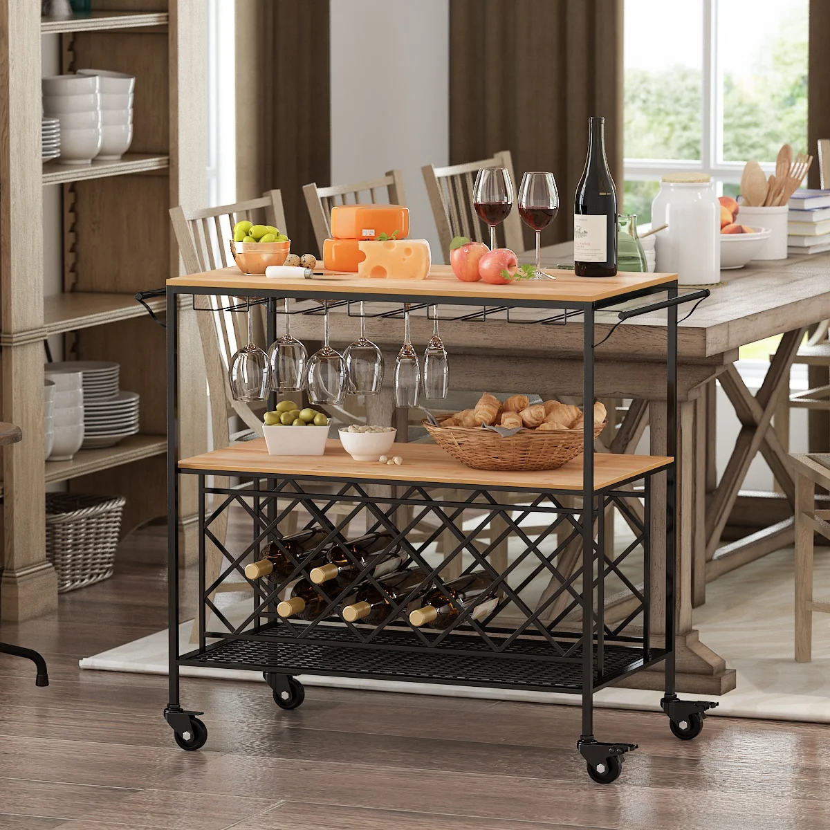 Modern Vintage Multi-purpose 3 Tiers Steel Cart Kitchen Vegetable Trolley Mobile Storage Metal Utility Rolling Cart