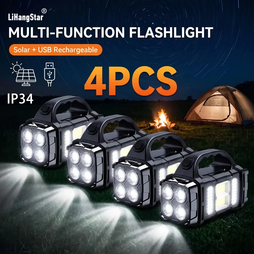 LiHangStar, torcia portatile ad alta intensità, set da 4 pezzi, faretto multifunzionale per esterni, ricaricabile tramite USB e energia solare, dotata di luce laterale COB, lampada di emergenza per la