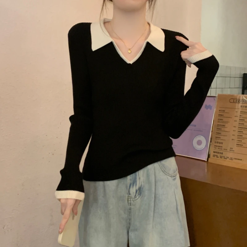 Swetry z panelami damskie Slim Fashion bluzki z dzianiny prosty wypoczynek delikatny kobiecy jesienno-zimowy Streetwear swetry na cały mecz Chic