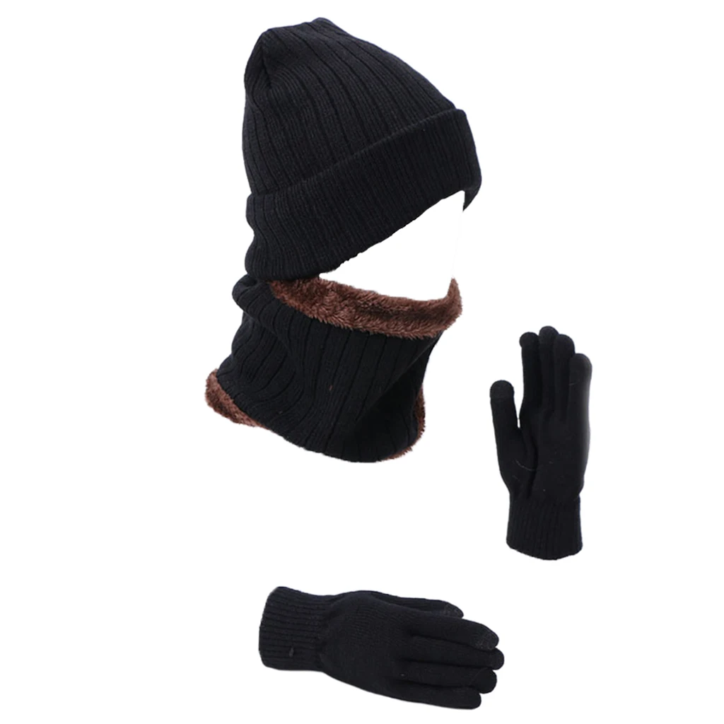 3pcs Knit Soft Beanie Ski Hat Touch Screen Scarf Gloves with Fleece for Men Women