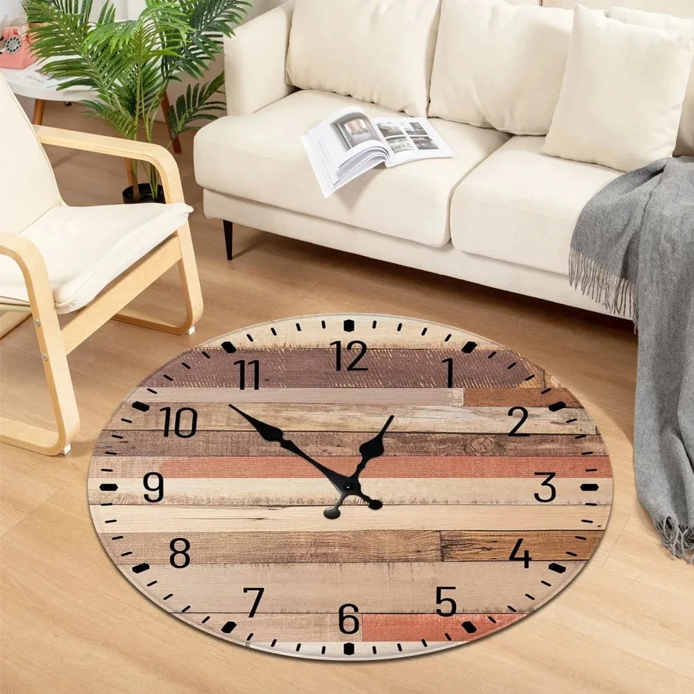 Wall Clock Vintage Wooden Board Round Carpet Cartoon Time Circle Rug Home Teens Bedroom Living Room Floor Mat Chair Pad Doormat