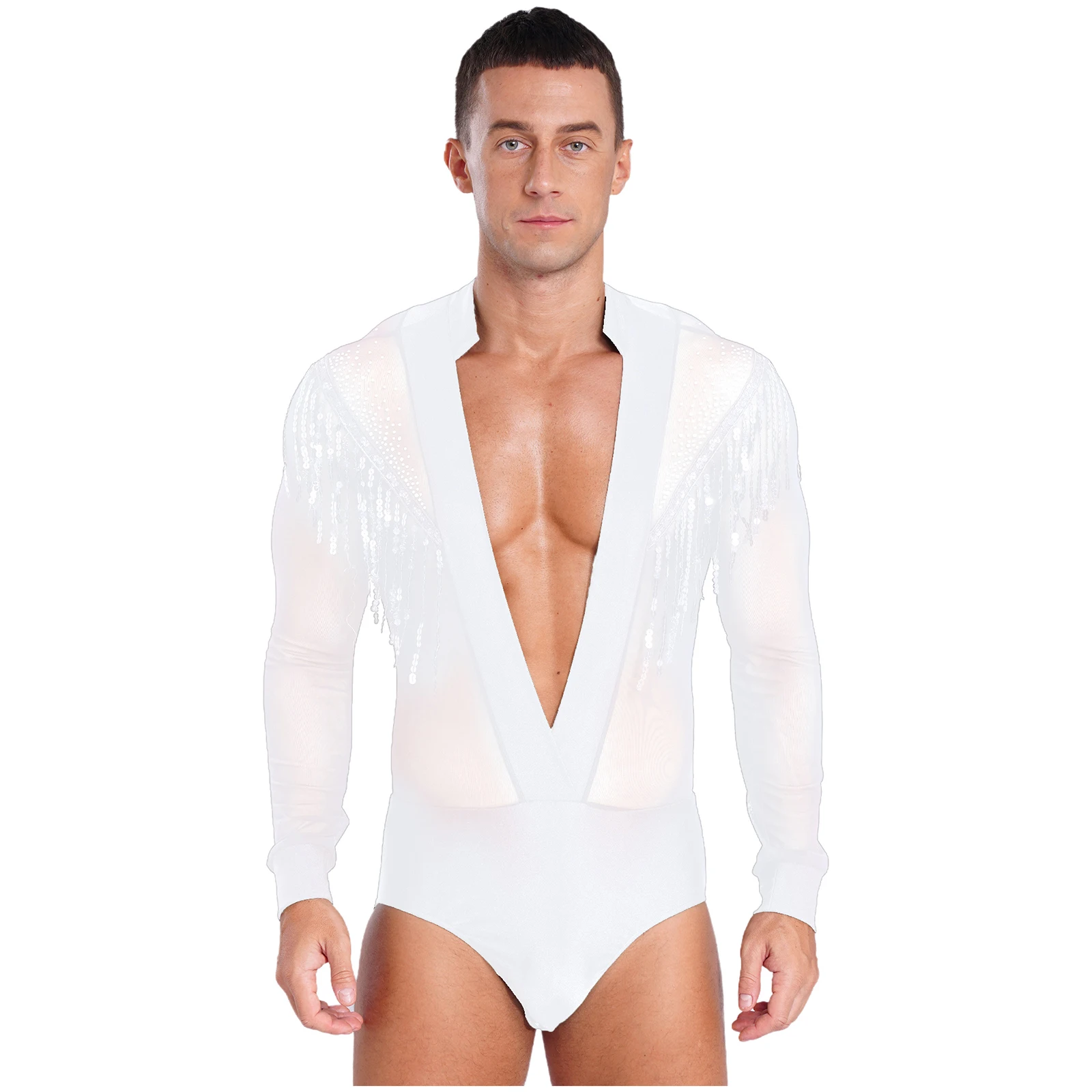 Bodysuits de dança latina para homens adultos, camisas rumba chacha, samba, salsa, tango, collant, strass, traje de dança de salão