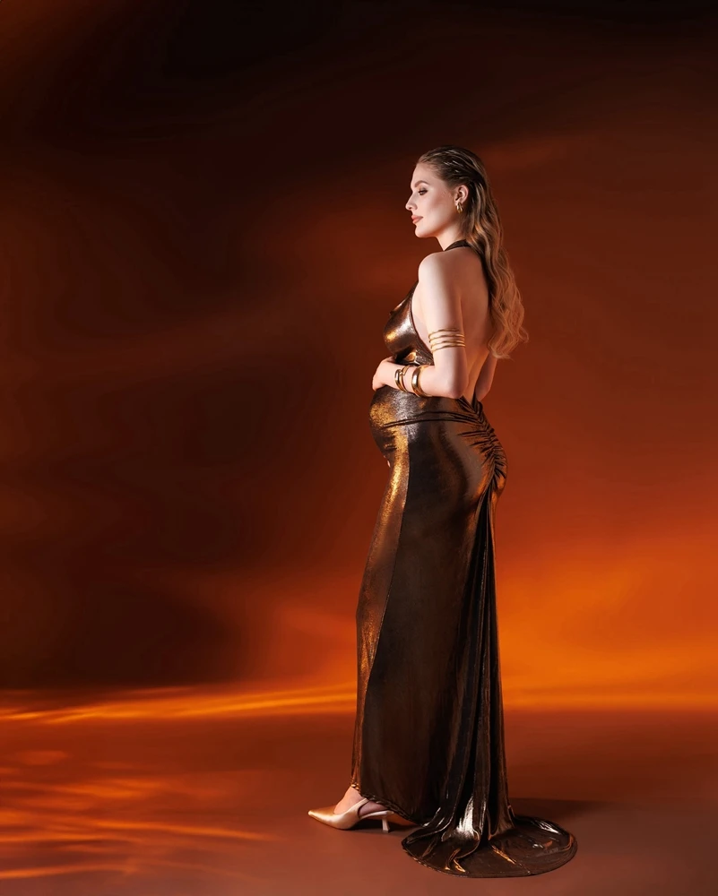 

Elegant Metallic Maternity Photoshoot Dress Halter Backless Sexy Pregnancy Maxi Gown Baby Shower Outfit Photography Boutique