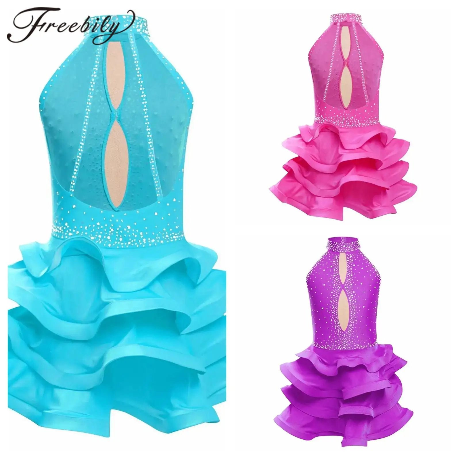 

Kids Girls Latin Dance Tiered Dress Modern Jazz Dance Costume Tango Dress Backless Shiny Rhinestones Performance Dancewear