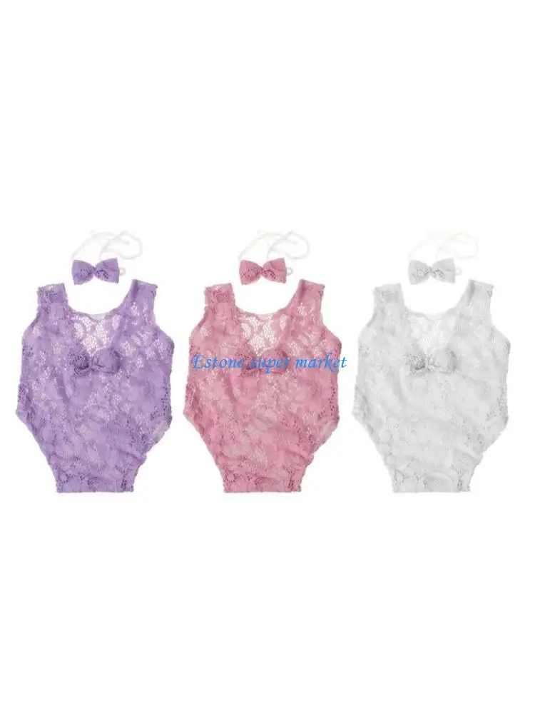 090B Baby Lace Romper+Headband Set Newborn Photography Props Bodysuit Jumpsuit