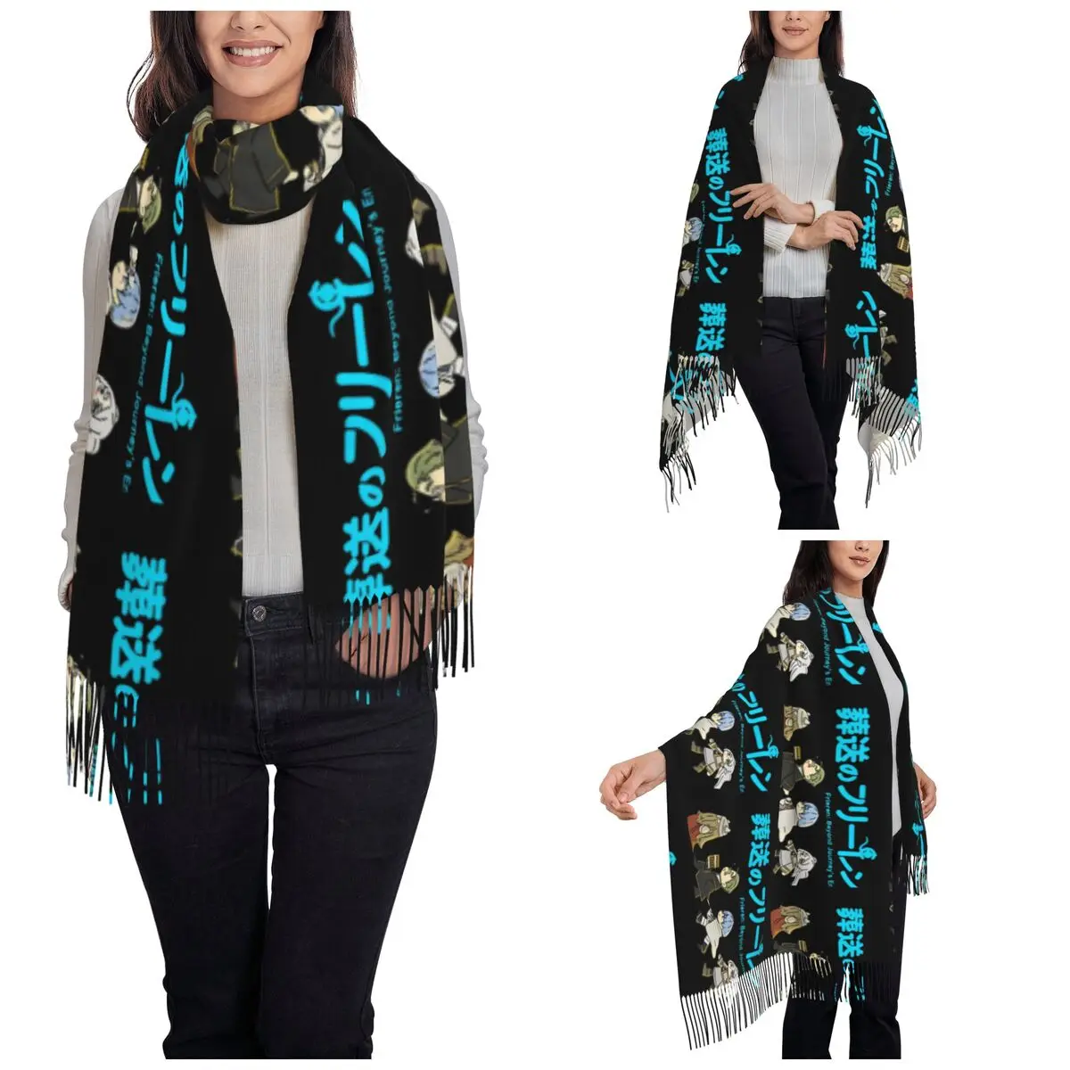 Womens Tassel Scarf Frieren Beyond Journey's End Long Super Soft Shawl and Wrap Anime Girl Daily Wear Cashmere Scarf