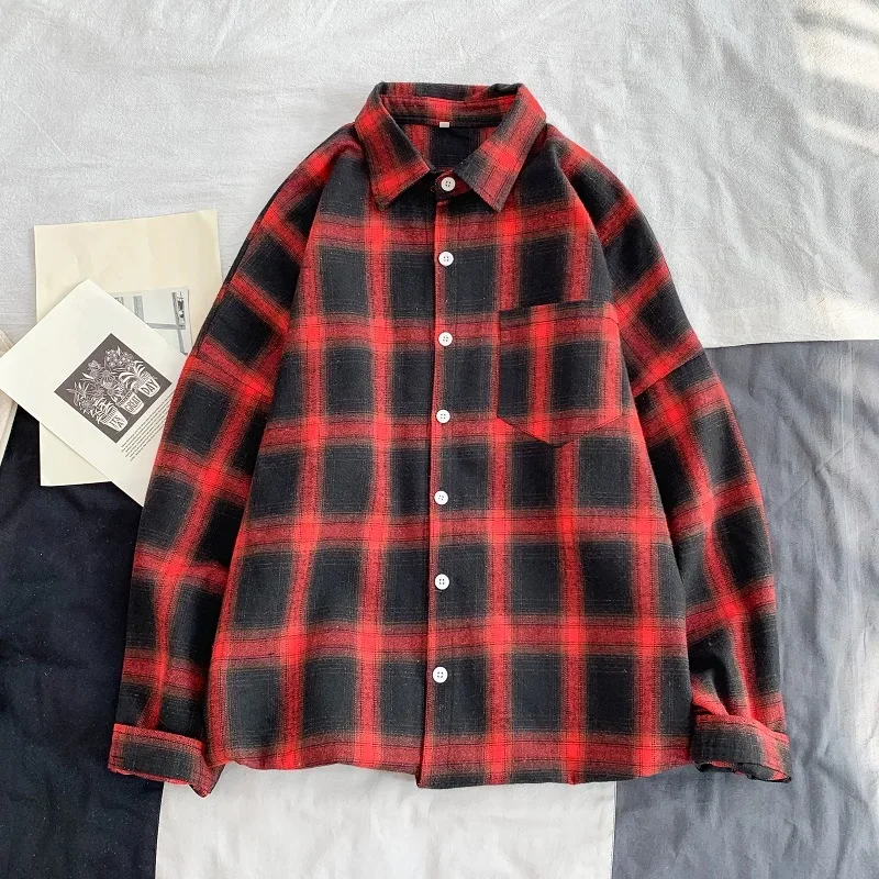 Ins Fashion Plaid Shirts for Men 2024 Autumn Winter High Quality Casual Flannel Men Retro Long Sleeves Shirt Streetwear Blouses