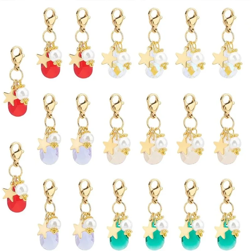 20Pcs 5 Colors Stitch Marker Charms Teardrop Glass Charms Faceted Crystal Dangle Pendants Pearl Star Charms with Lobster Clasp