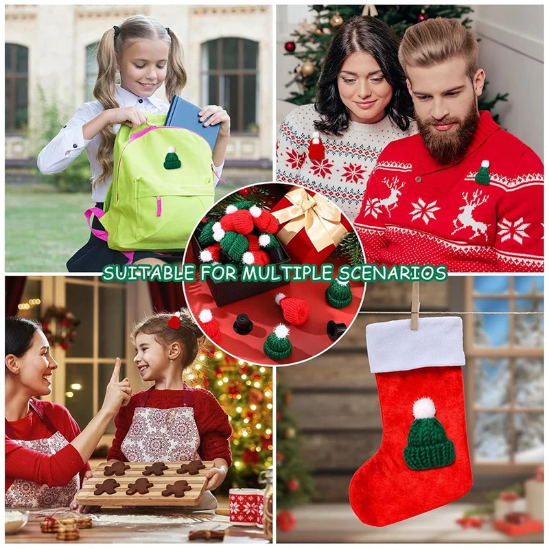 B47B-32PCS قبعات صغيرة للدمية تتضمن 16 قبعات سانتا الحياكة الصغيرة و16 قبعة عيد الميلاد البلاستيكية السوداء قبعات بلاستيكية مصغرة