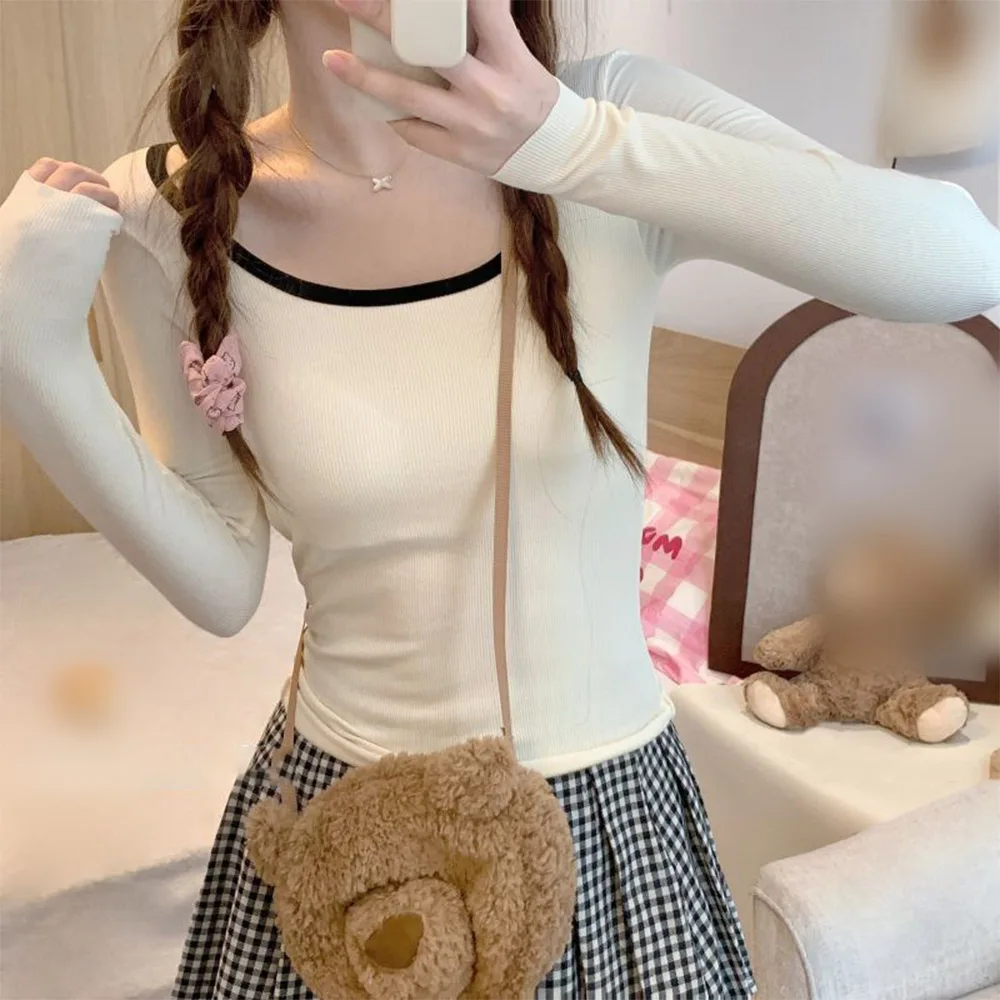 Long sleeve flocked T shirt square neck contrast color casual top for home daily wear vacation and relaxed outings