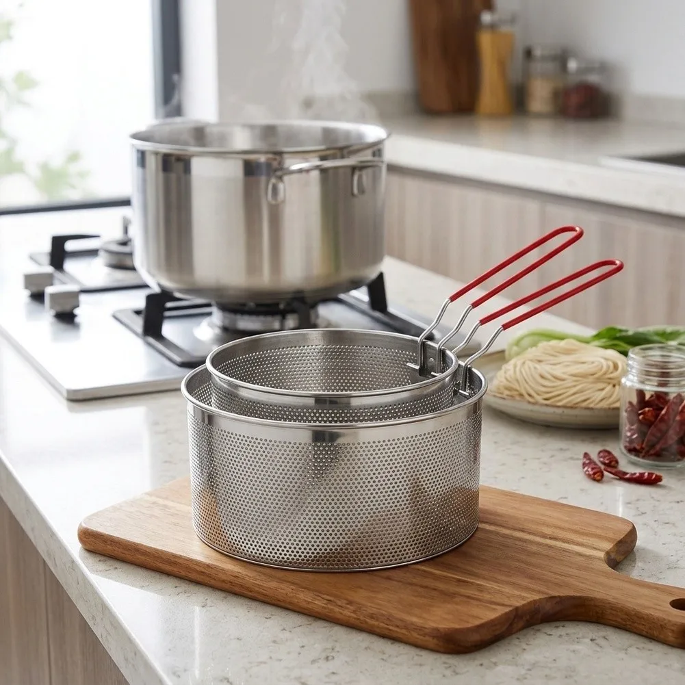 Stainless Steel Pasta Drain Basket Set 2pcs for Direct Pot Use Steaming Bread Eggs Vegetables 18cm 20cm Dishwasher Top Rack Safe