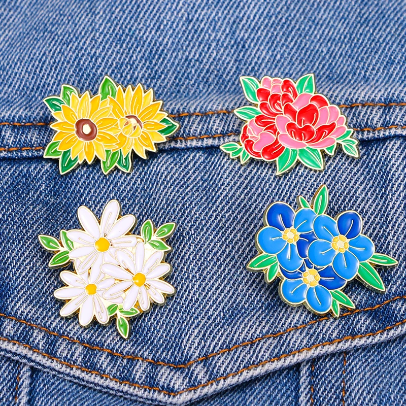 Beautiful Flower Theme Pins Peach Plum Blossoms Chrysanthemums Peony Enamel Brooches Cheap Women Jewelry Wholesale