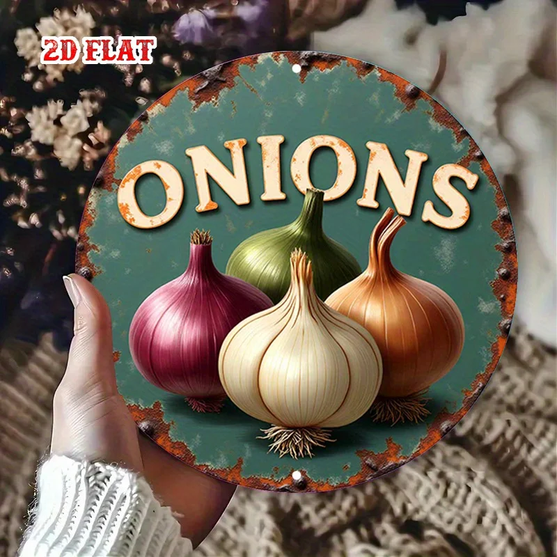 2D Flat, 2D Flat 1pc Onion Harvest Aluminum Metal Tin Sign, Rusty Charm Round Aluminum Sign, Farmhouse Decor 7.87X7.87 Round Alu