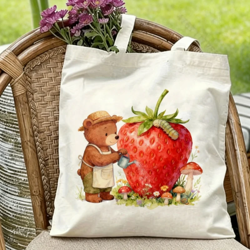 

1PC Cute Gardener Bear with Giant Strawberry Canvas Tote Eco-friendly Reusable Shoulder Bag
