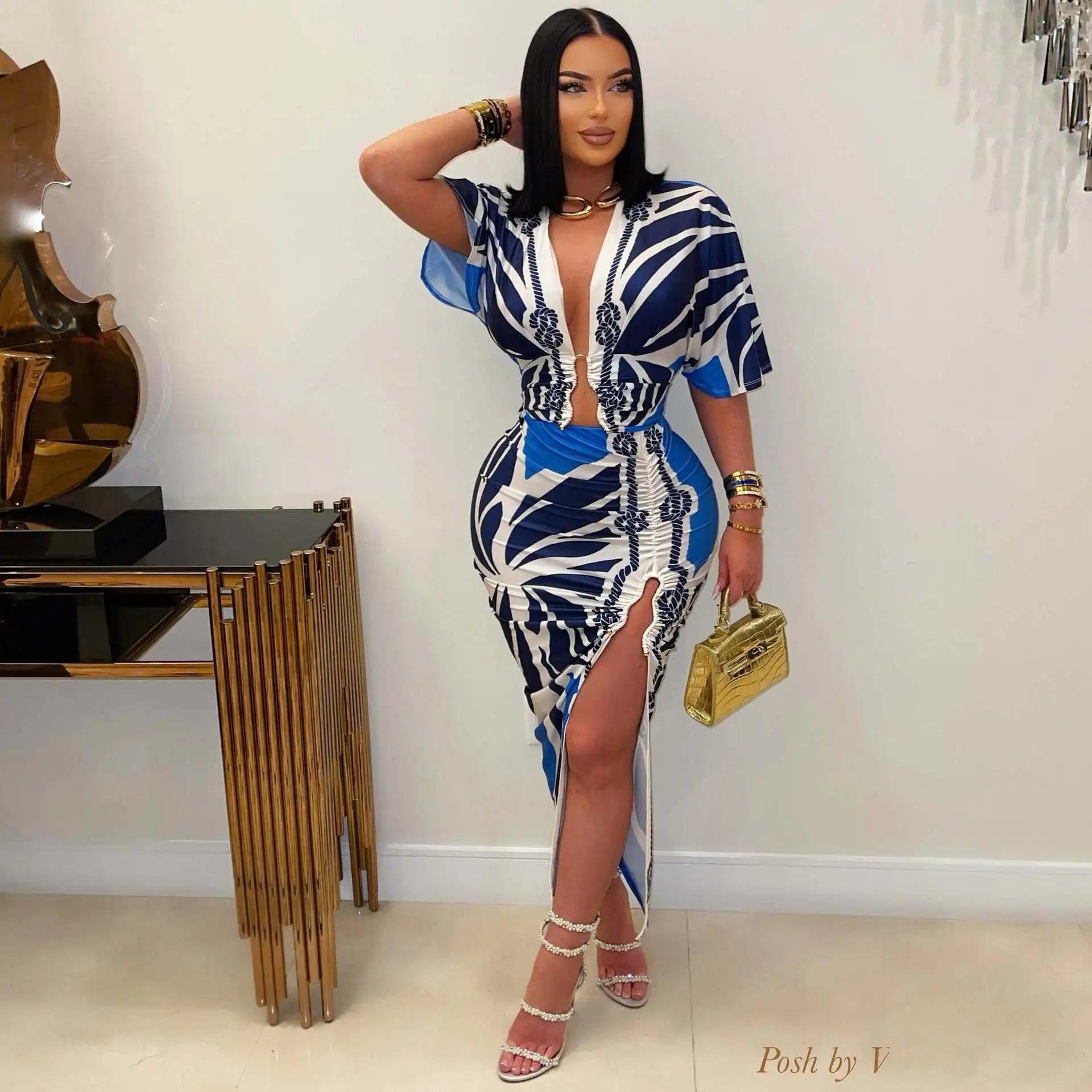 Sister Star Dames Sexy Spice Girls V-hals Korte mouw Dun Slank Slank Pakket Hip Gedrukt Split Temperament Commuter Jurken