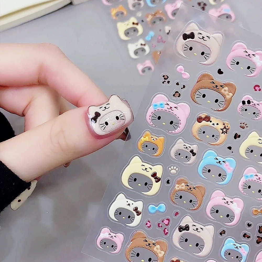 Neue 5D Hello Kitty Katze Ohr Design Hut Nagel Aufkleber Kawaii Grau Rosa Leopardenmuster Schleife Kapuzenhut Drücken Sie auf Nagelspitze Aufkleber ﻿ ﻿ ﻿ ﻿ ﻿ ﻿