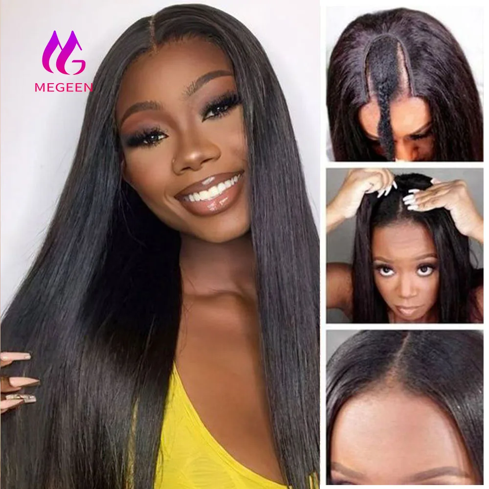 Megeen Stright Beginner Friendly U Part Wig Human Hair Burmese Full Machine Wigs For Women No Sew In No Glue 10-24 Inch 1B Black