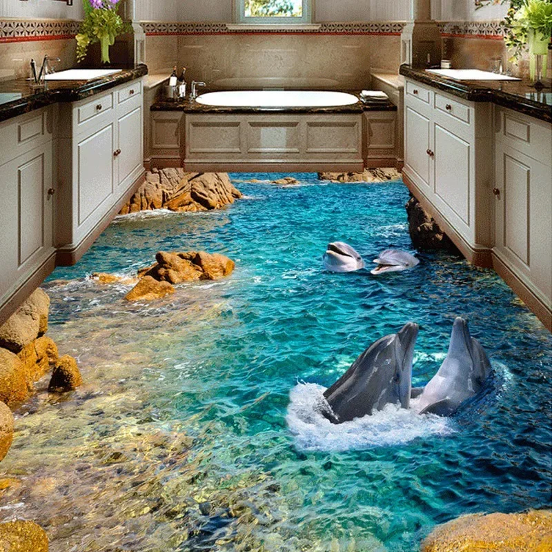 

Custom HD Dolphin Seaview 3D Floor Stickers Hotel Bathroom 3D Self-adhesive PVC Non-slip Wear Waterproof Floor Mural Wallpaper