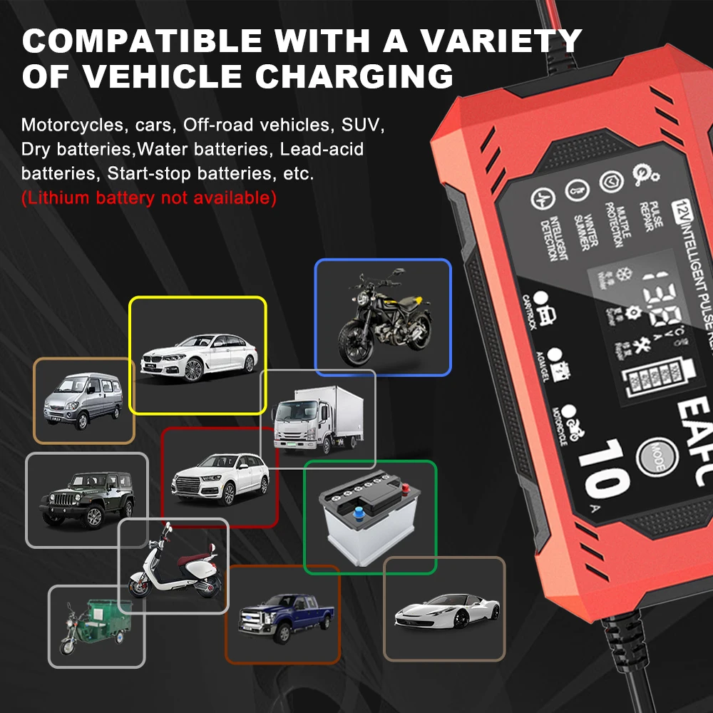 Intelligentes 12V Batterieladegerät für Autos & Motorräder 6A/10A Ausgang LCD-Bildschirm Reparaturmodus Überladeschutz-Design Ladestation – Detail 11