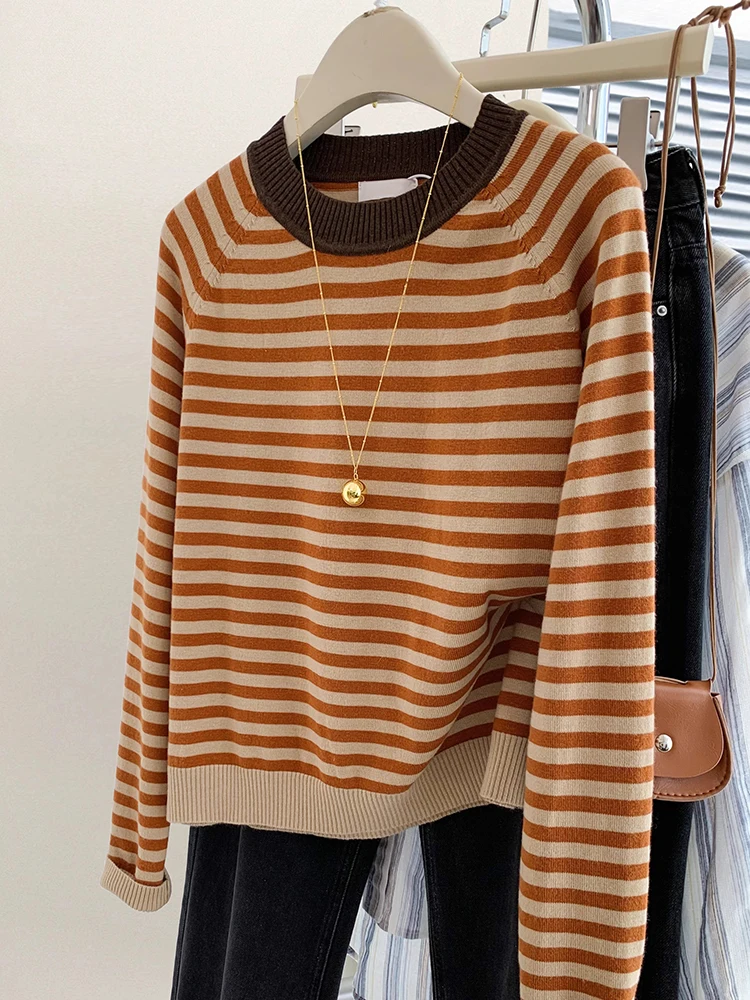 Casual Women\'s Stripe Knit Sweater Autumn New O-Neck Loose Retro Elegant Korean Basic Pullover Trend Office Lady Top