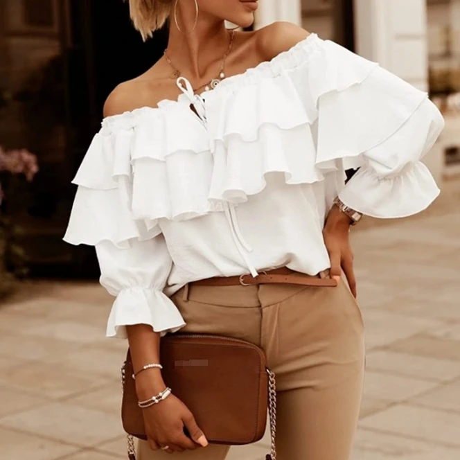 

Hot Selling for Women 2024 Solid Color Line Neck Chiffon Shirt Elastic Shoulder Strap Ruffled Top Casual Loose Sleeve Pullover