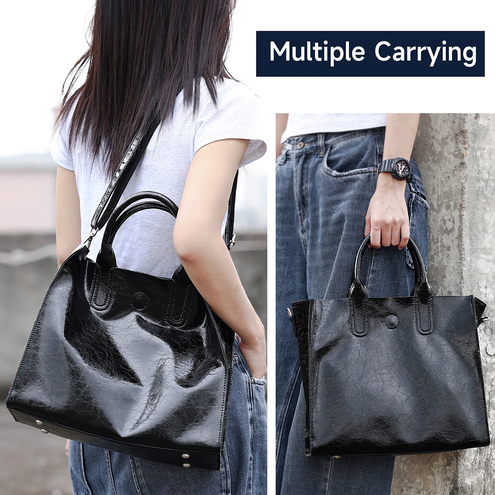 

Глянцевая кожаная сумка-тоут с эффектом кракле для женщин, вместительная сумка через плечо, многофункциональная сумка с верхней ручкой для работы и повседневного использования