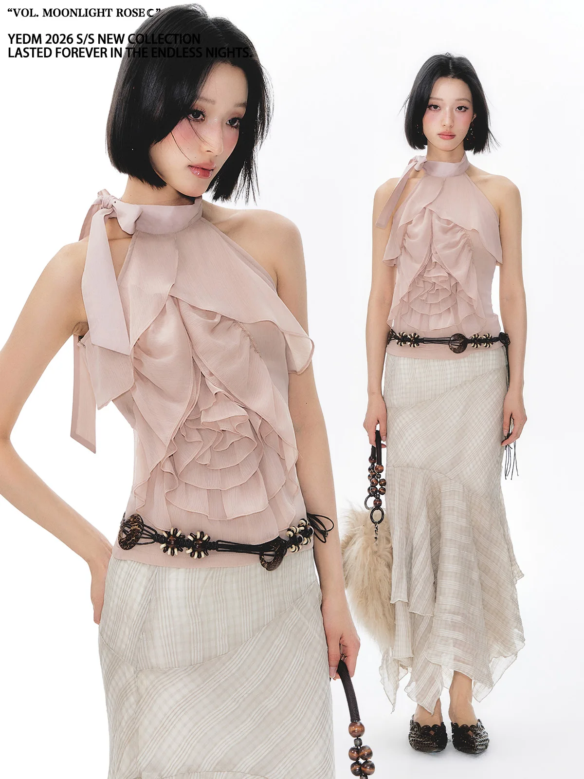 Shoulder Bared Rose Print 3D Neck Hanging Top Sleeveless Women's Summer Fashionable Outfit Casual Polyester Blend Neckline