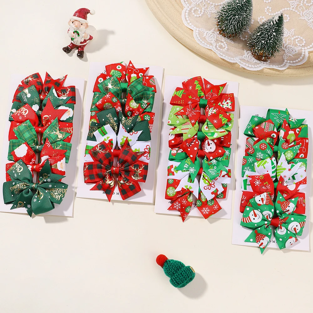 6pcs Christmas Bows Hair Clip for Kids Girls New Year Party Decorations Print Hairpin Baby Holiday Hair Accessories Gifts