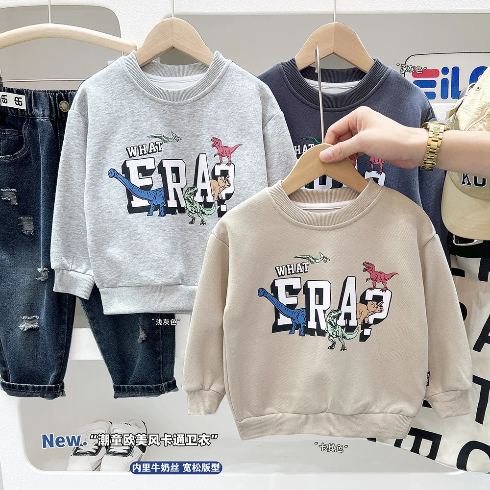 2025 New Dinosaur Print Teenage Boys Hoodie Long Sleeve Casual Pullover Top for Big Kids Fall Outerwear & Base Layer Shir