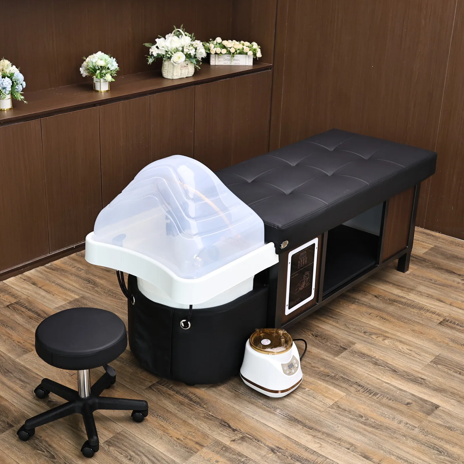 2026 Head Spa Shampoo Bed with Basin and Steamer 3 in 1 Hair Washing Massage Table Salon Beauty Equipment with Stool Furniture