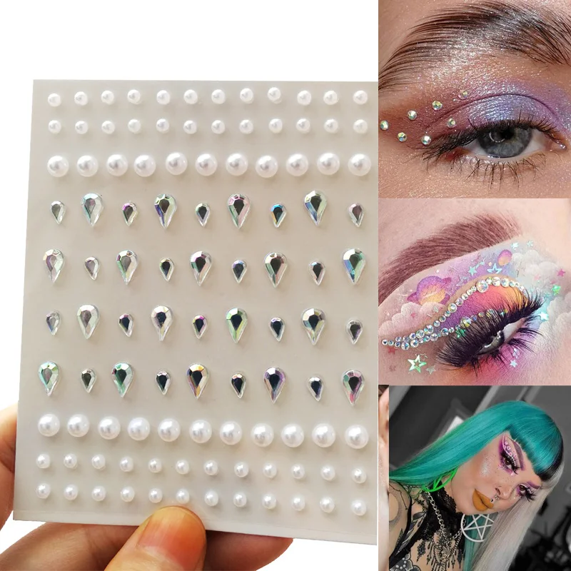 1Pc Makeup Party Music Festival Stage Performance Face Jewels Stickers Eyes Body Art DIY 3D Simulated Pearl Star & Moon Tattoos