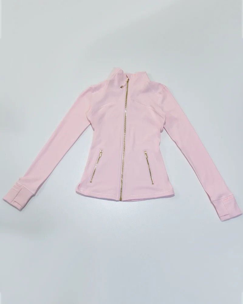 Neue Damen Slim Fit Sportjacke mit Goldreißverschluss, atmungsaktiv, schnelltrocknend, Stehkragen-Stil, Daumenloch-Design, Sportjacke – Detail 15