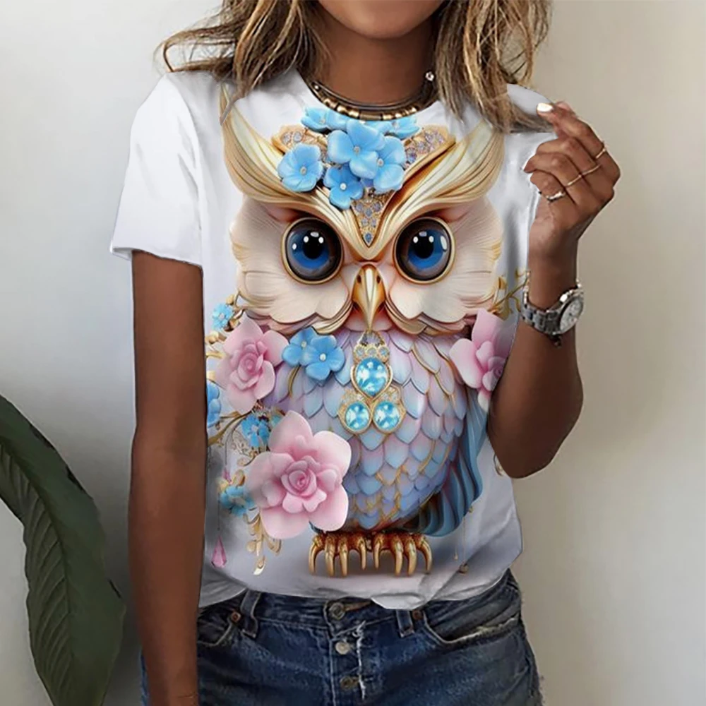 Summer O-Neck Short Sleeve WomenT-Shirt 3d Printed Owl Pattern T-Shirt Pullover Top Fashion Street Female Clothing 2024