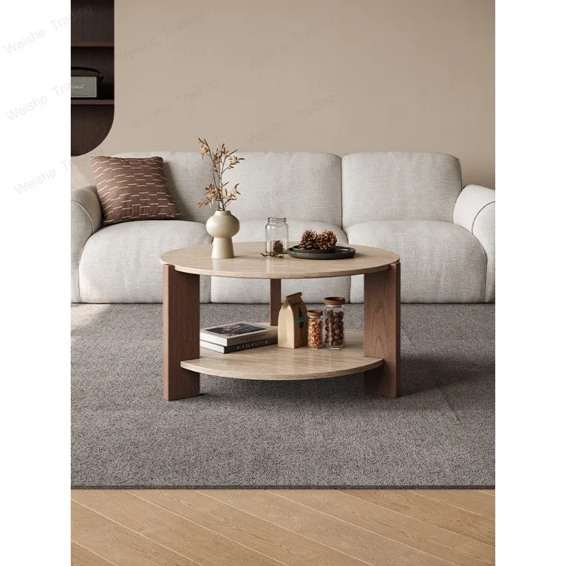 Solid wood round coffee table small apartment living room,  simple side table antique double-layer tea table