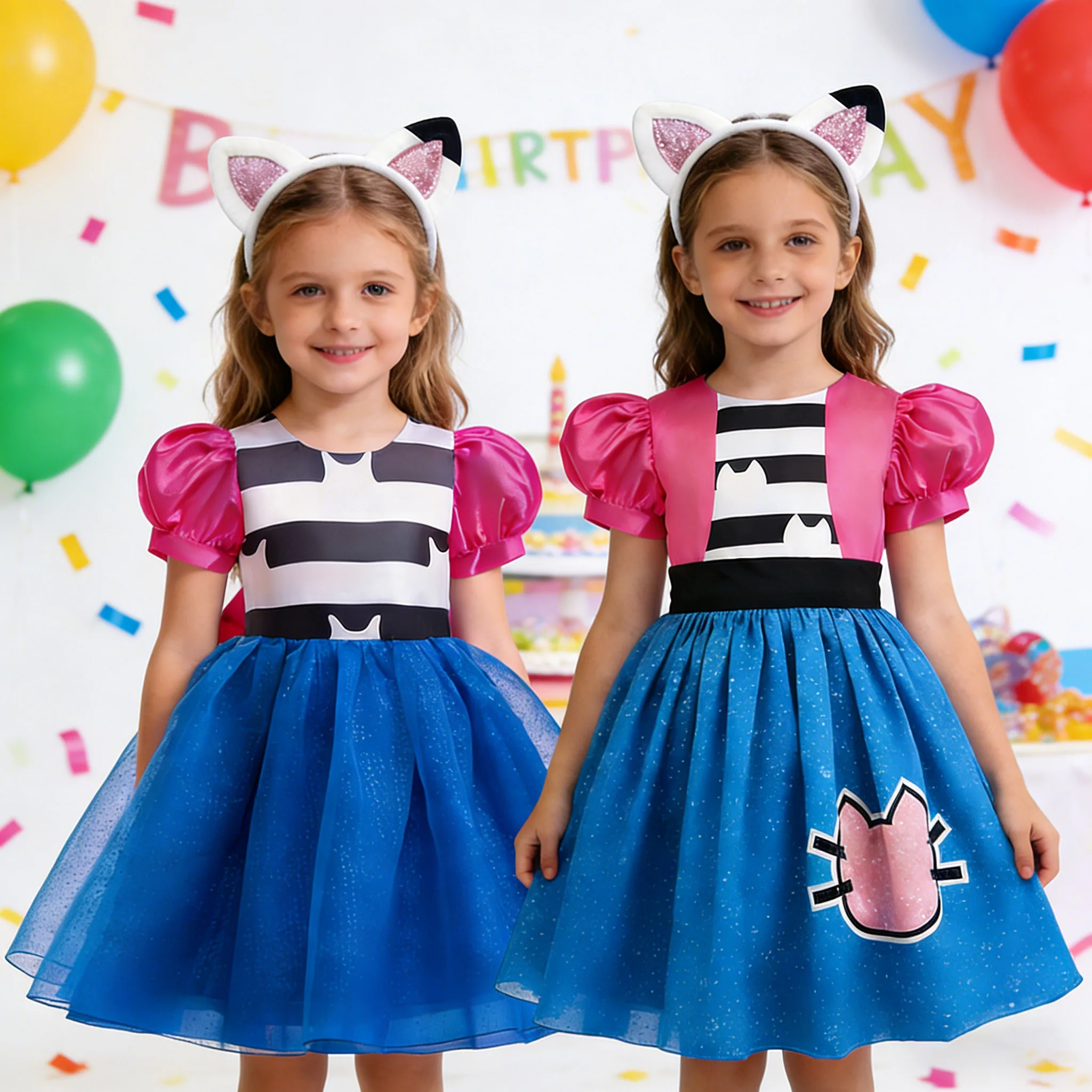 Carnival Elegant Kids Party Dresses headband For little Girls Cartoon gabby Children Casual Birthday Princess Sisters\' outfits