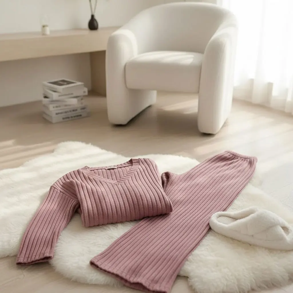 

Элегантная домашняя одежда из двух предметов в рубчик с v-образным вырезом — свободный комфортный комплект осень-зима 2026 г.