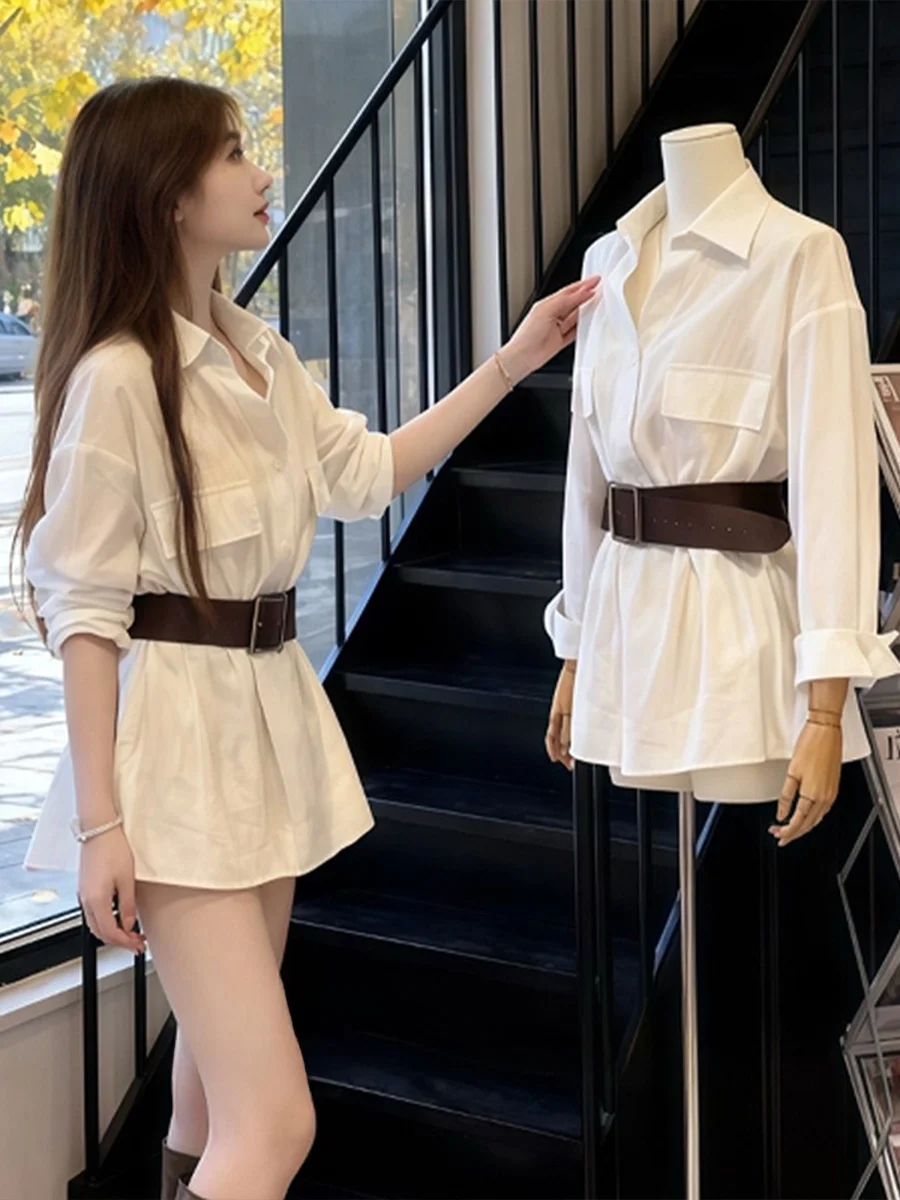 

Уникальный супер красивый белый V-Ne Long Sve женский irt с поясом на талии, утягивающий топ для похудения, повседневный свободный крой