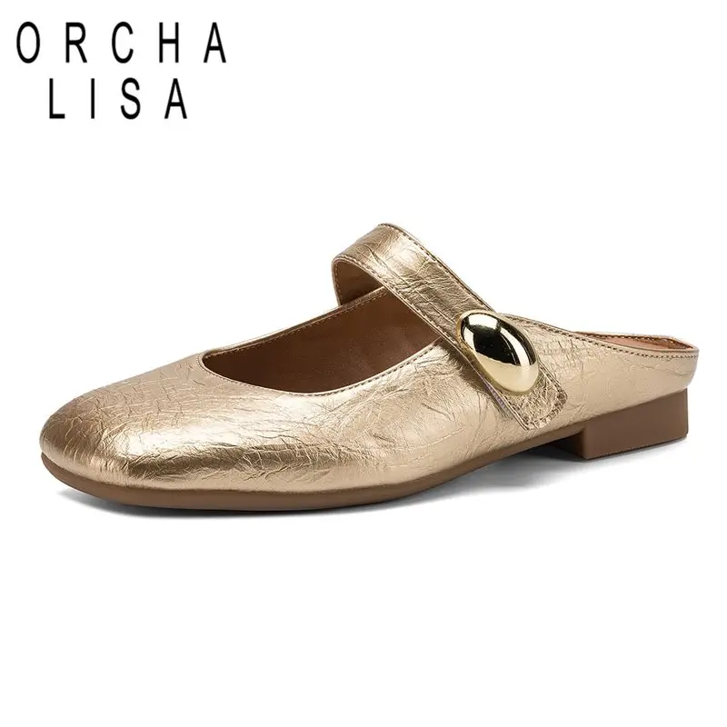 ORCHA LISA Gold Women Flats Sandals Square Toe Slip On Mules Big Size 41 42 43 Soft Leisure Daily Female Shoes Handmade Footwear