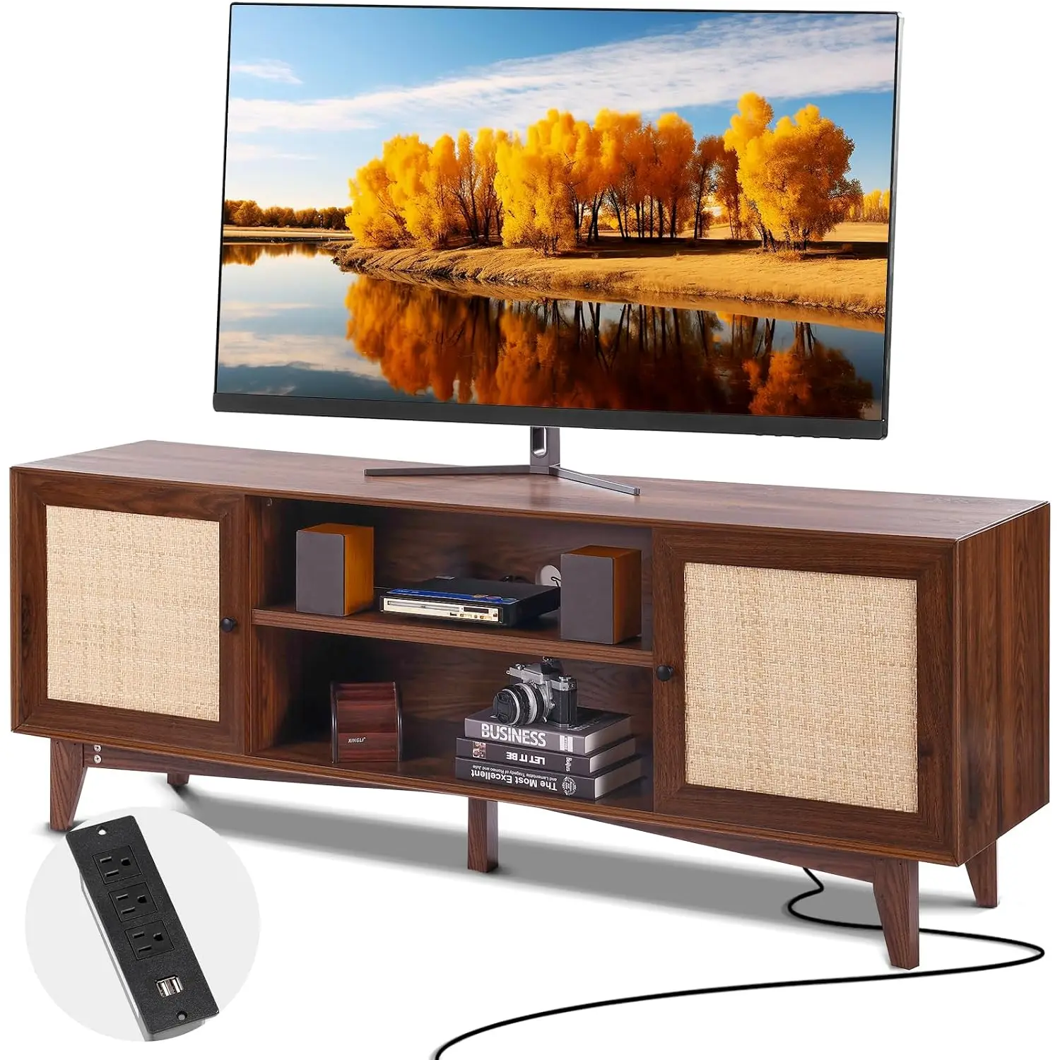 Rattan TV Stand for 75in TV, Entertainment Center with Socket & 2 Shelves, Modern Console for Living Room, Walnut, Customized