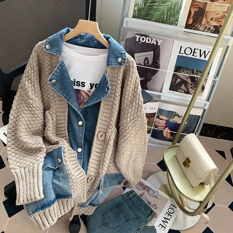 

Fat Pounds Vintage Denim Patchwork Sweater Coat ins Fashion Woman Autumn Winter Thickened Loose Niche Cardigan JJ503