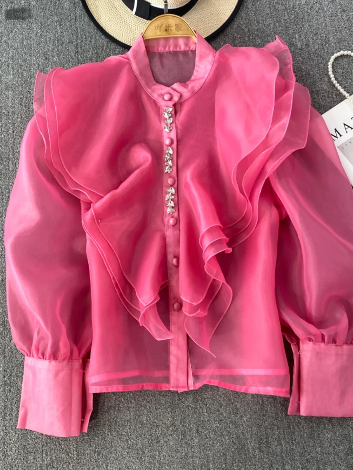 Elegant Stand Collar Lace Trimmed Single Button Ogee See-through Shirt Women's Fashion Top Spring Korean Sleeve Loose Fit