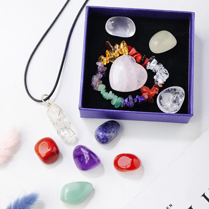 NEW 11pcs /Healing Crystals，Seven Colored Stone Combination Set  Pink Crystal Love Hexagonal Column Pendant With Gift Box