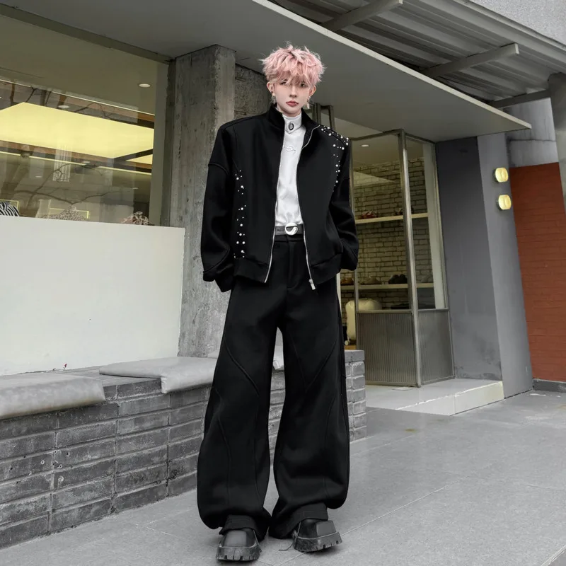 WVGA Spring New Men Beaded Design Trendy Stand Collar Cardigan Sweatshirt Niche Chic Casual Wide-Leg Pants Two Pieces Set W18589
