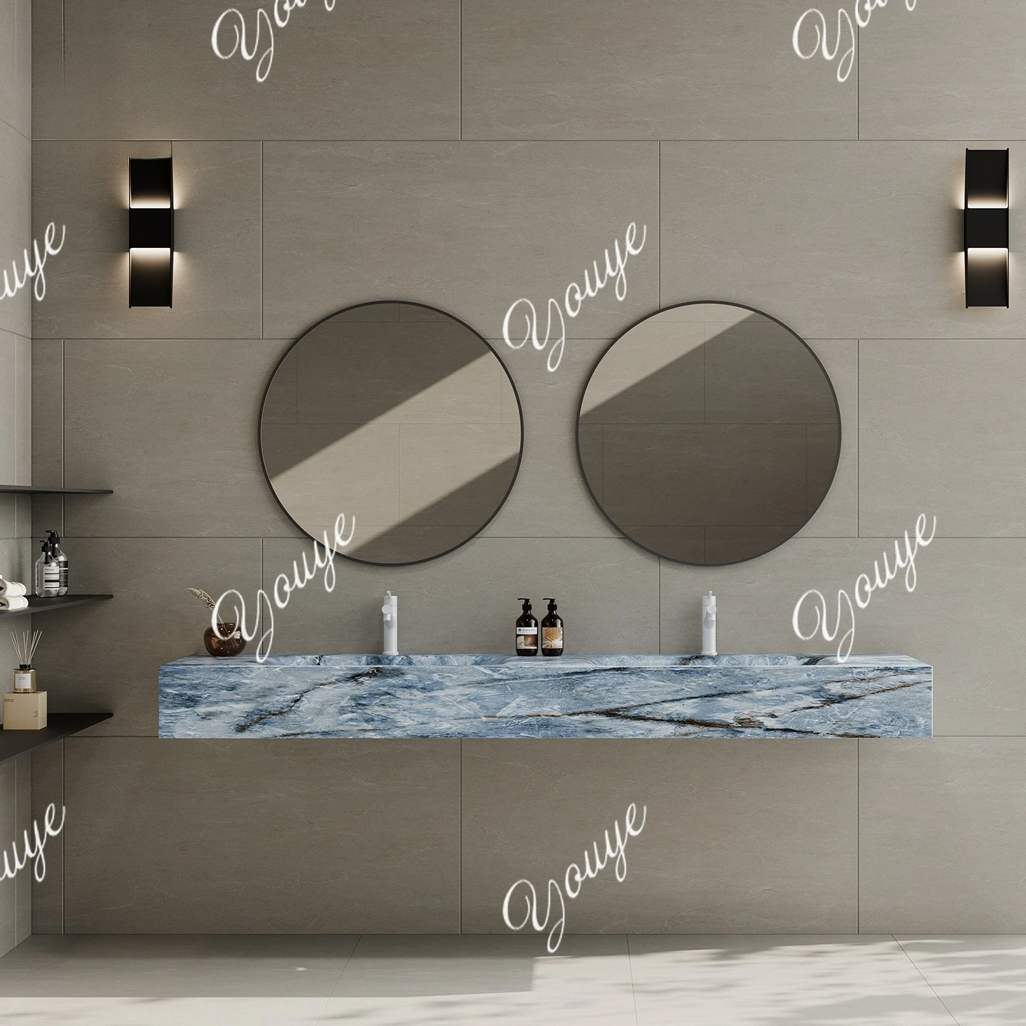 Rauchpulver, Felsplatte, heißes Biegen, integriertes Doppelwaschbecken, Doppelhahn, Wandwaschbecken, Hotel-Doppelwaschbecken