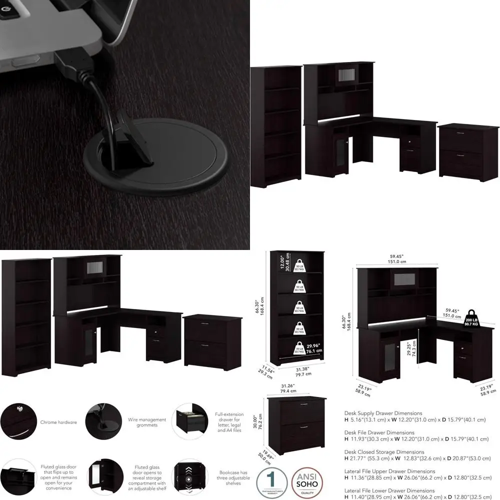 

Угловой стол с навесной секцией, 5-ярусным книжным шкафом и боковым шкафом для документов | Компьютерный стол с местом для хранения и полками | 60W x 23D x 37