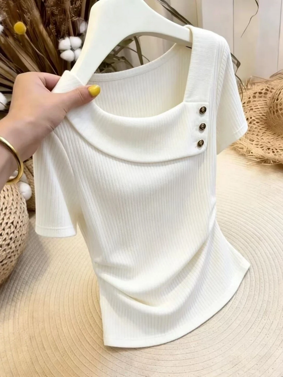 plus Size Asymmetrical Slant Collar Short Sleeve T-Shirt Women Summer Slimming Design Folded Button Front Casual Top