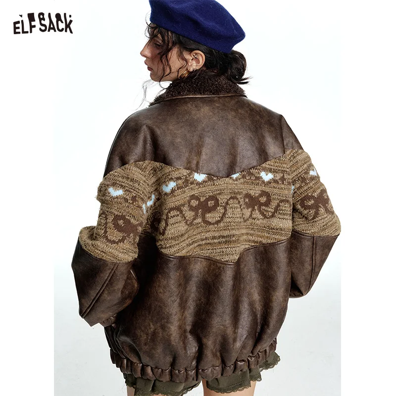 ELFSACK-Veste Rétro Maillard Tricotée avec Nministériels d Jacquard pour Femme, Imitation Peluche PU, Nouvel Arrivage Hiver 2024