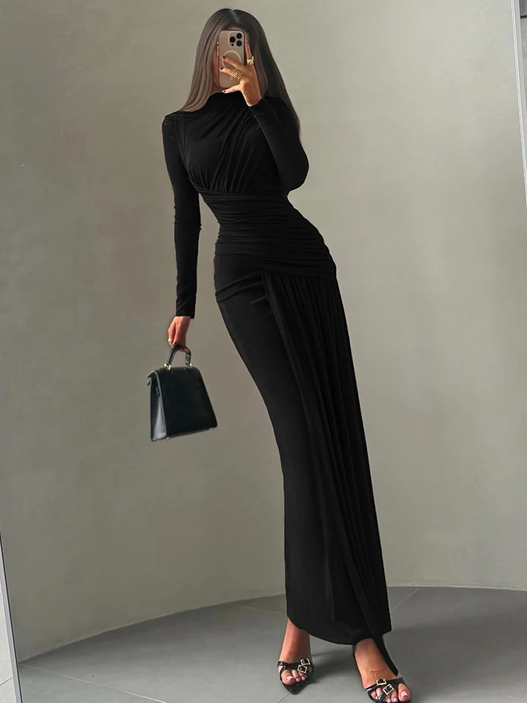 Kliou Casual Simple Elegant Long Dresses Woman Autumn New Style o-Neck Full Sleeve Ruched High Waist Christmas Party Vestidos - Image 5